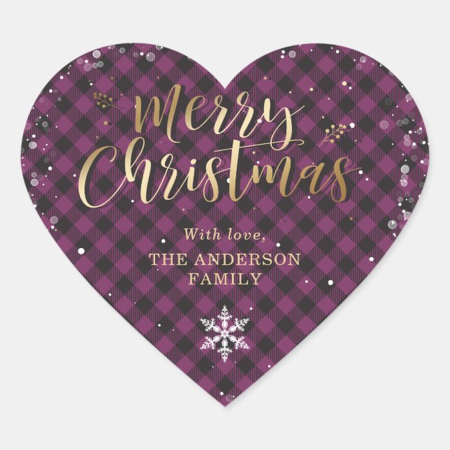 Gold Purple Buffalo Plaid Snowflake Christmas Heart Sticker (Front)