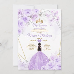 Gold & Purple Butterflies Princess Quiñceanera Invitation