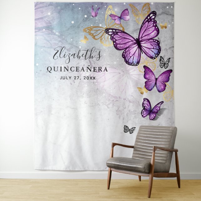 Gold Purple Butterfly Photo Backdrop Tapestries (In Situ)