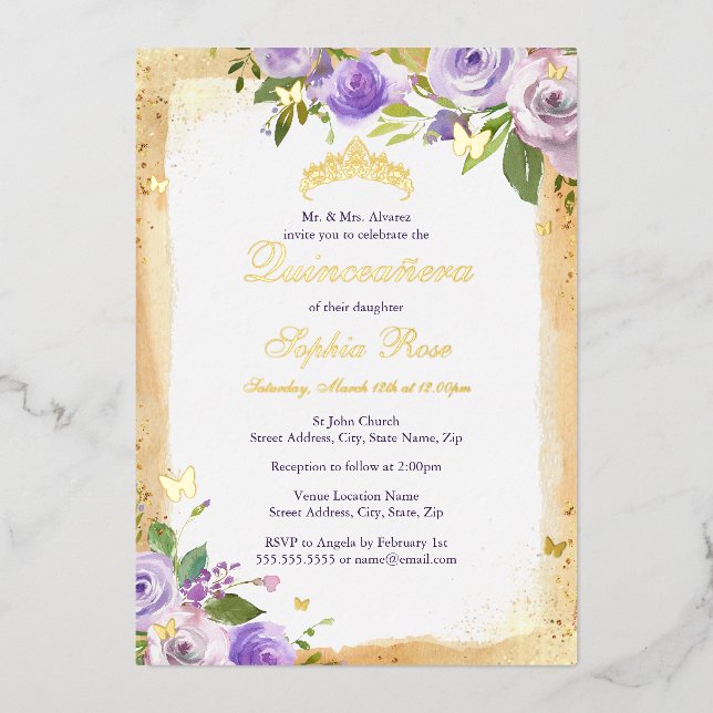 Gold Purple Butterfly Rose Floral Quinceanera (Front)