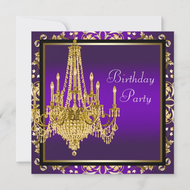 Gold Purple Chandelier Birthday Party Invitation (Front)