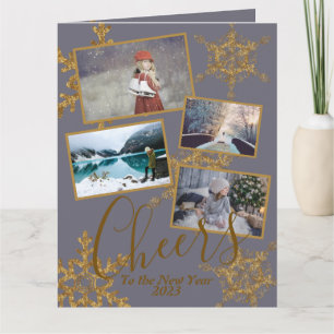 Gold Purple Cheers to the New Year Snowflake Photo Card