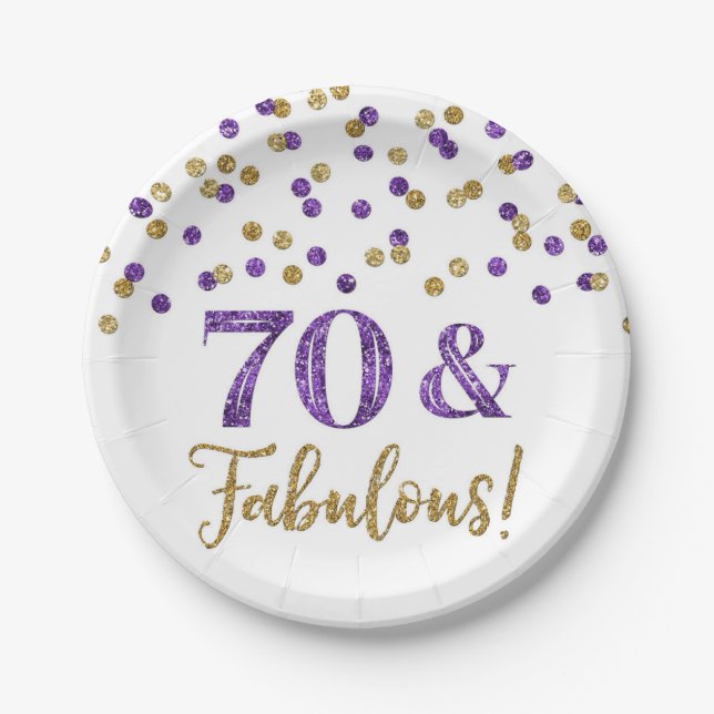 Gold Purple Confetti 70 and Fabulous  Paper Plate (Front)