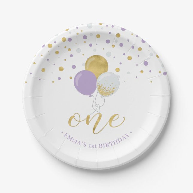 Gold & Purple Confetti Balloons 1st Birthday Party Paper Plate (Front)