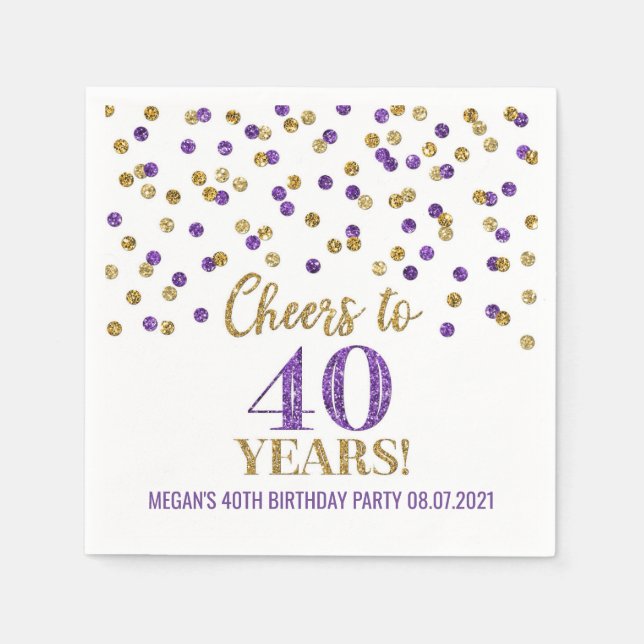 Gold Purple Confetti Cheers to 40 Years Birthday Napkin (Front)