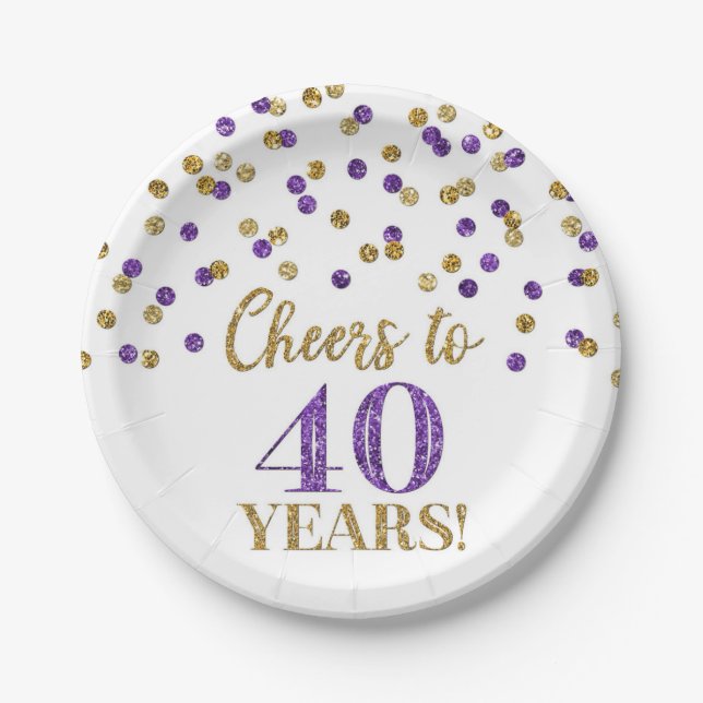 Gold Purple Confetti Cheers to 40 Years Birthday Paper Plate (Front)