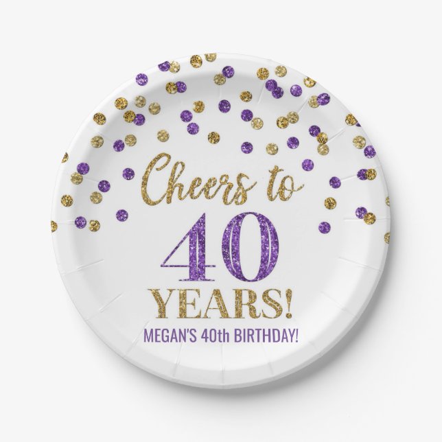 Gold Purple Confetti Cheers to 40 Years Birthday Paper Plate (Front)
