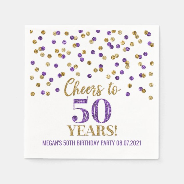 Gold Purple Confetti Cheers to 50 Years Birthday Napkin (Front)