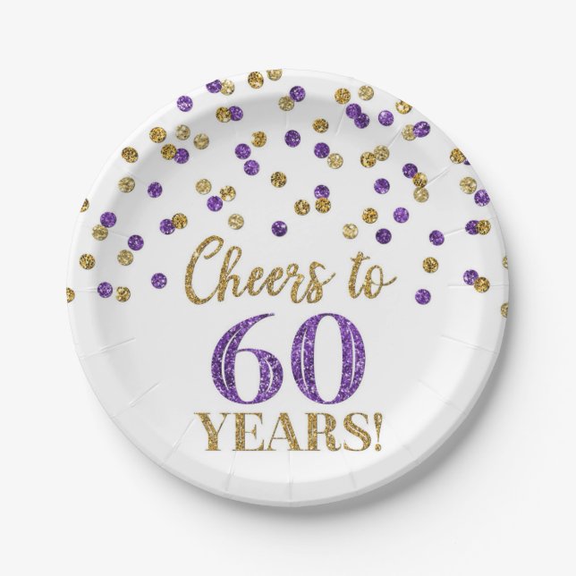 Gold Purple Confetti Cheers to 60 Years Birthday Paper Plate (Front)