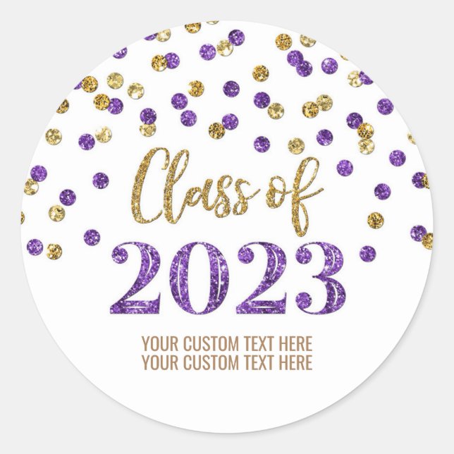 Gold Purple Confetti Graduation 2023 Classic Round Sticker (Front)
