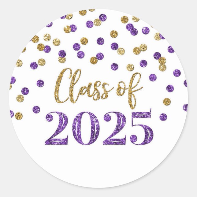 Gold Purple Confetti Graduation 2025 Classic Round Sticker (Front)