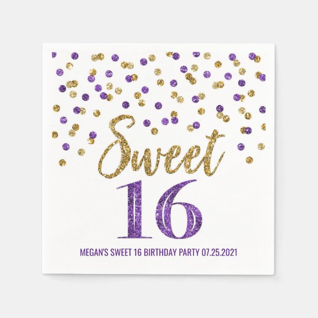 Gold Purple Confetti Sweet 16 Birthday Napkin (Front)