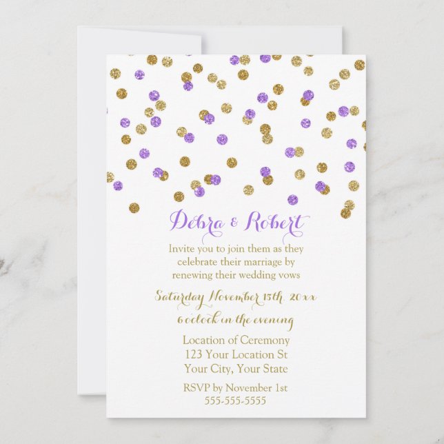 Gold Purple Confetti Vow Renewal Invitation (Back)