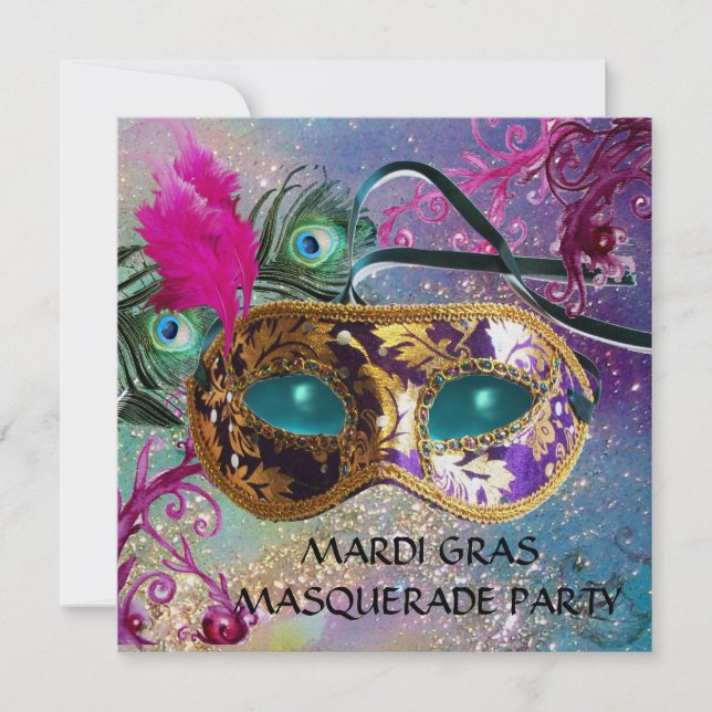 GOLD PURPLE DAMASK FEATHER MASK Masquerade Party Invitation (Front)