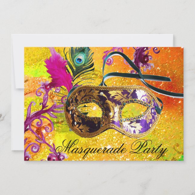 GOLD PURPLE DAMASK FEATHER MASK Masquerade Party Invitation (Front)