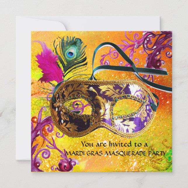 GOLD PURPLE DAMASK FEATHER MASK Masquerade Party Invitation (Front)