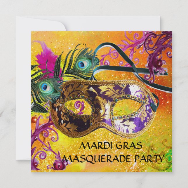 GOLD PURPLE DAMASK FEATHER MASK Masquerade Party Invitation (Front)