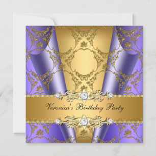 Gold Purple Damask Floral Elegant Birthday Party Invitation
