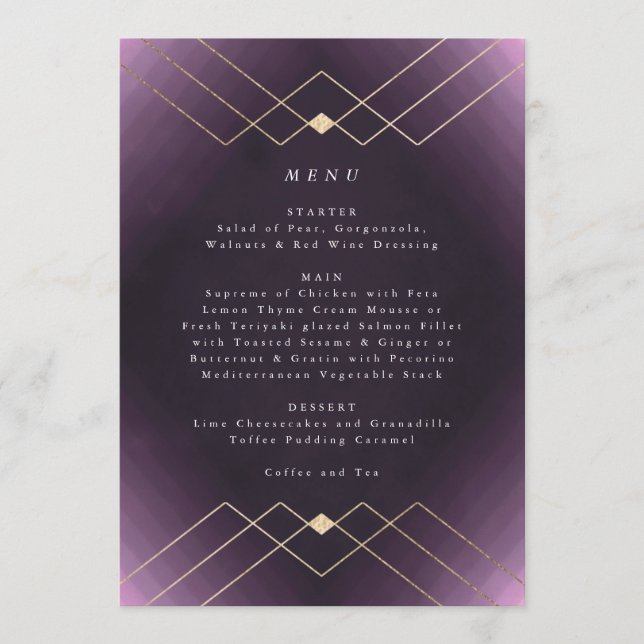 Gold Purple Elegance Diamond Geo Deco Wedding Menu (Front)