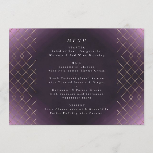 Gold Purple Elegance Diamond Geo Deco Wedding Menu (Front)