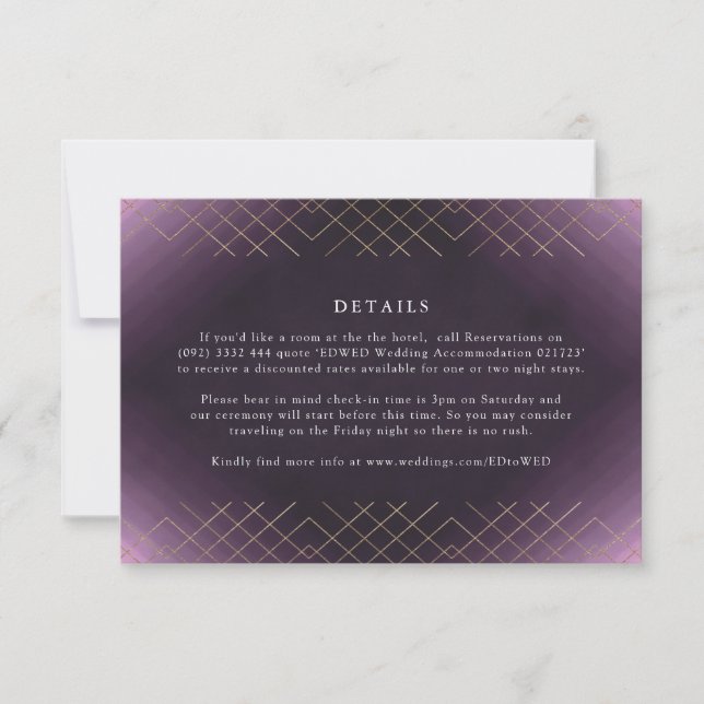 Gold Purple Elegance Diamond Geo Deco Wedding RSVP Card (Front)