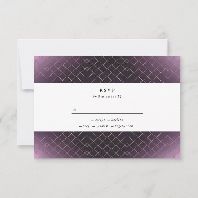 Gold Purple Elegance Diamond Geo Deco Wedding RSVP Card (Front)