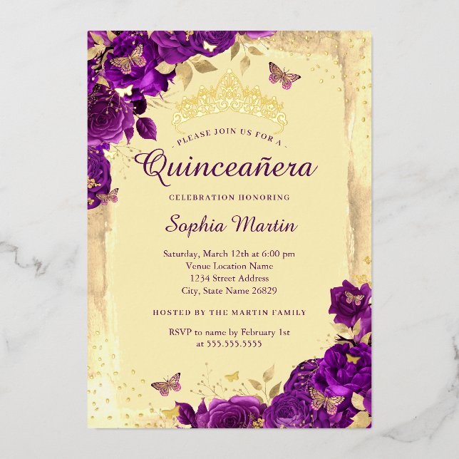 Gold Purple Elegant Floral Butterfly Quinceanera  (Front)