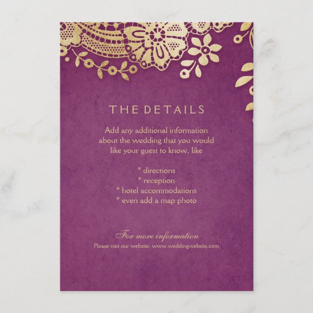 Gold purple elegant lace wedding details card (Front)