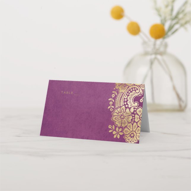 Gold purple elegant lace wedding place cards (Front)
