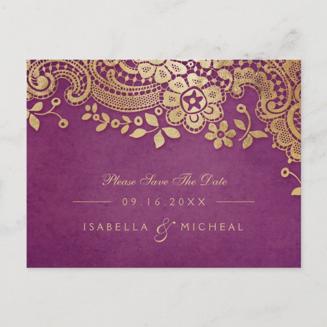 Gold purple elegant lace wedding save the date announcement postcard (Front)