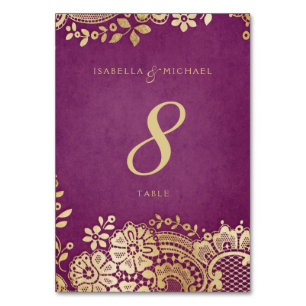 Gold purple elegant lace wedding table card