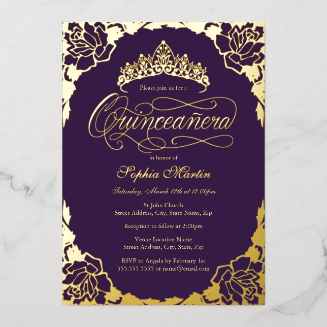 Gold Purple Elegant Script Quinceanera Birthday (Front)