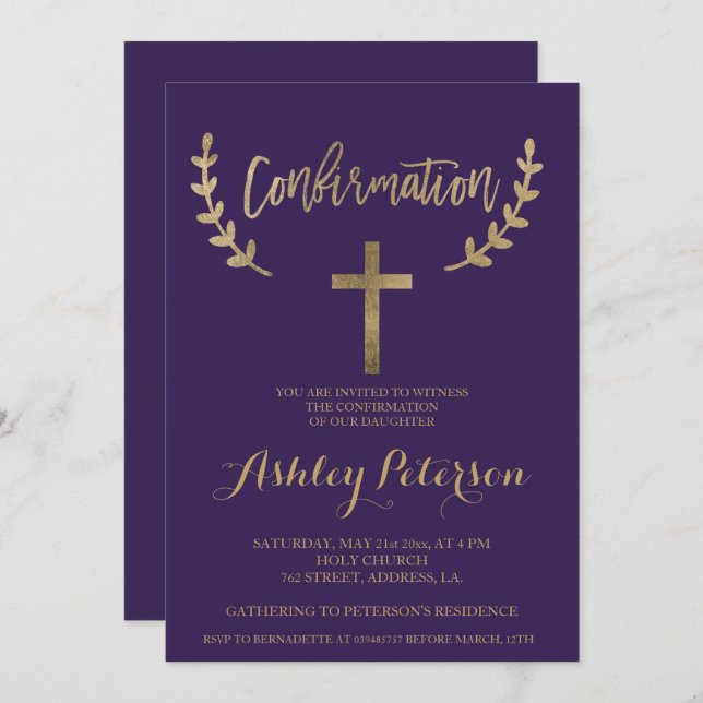 Gold purple elegant typography confirmation invitation (Front/Back)