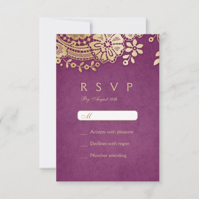 Gold purple elegant vintage lace wedding RSVP (Front)