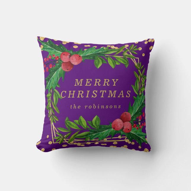 Gold Purple Family Merry Christmas Holly Glitter Cushion (Front)