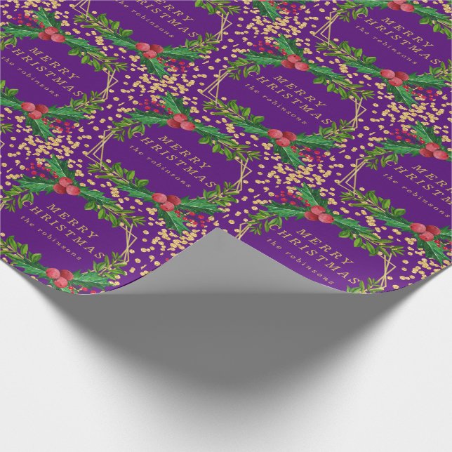 Gold Purple Family Merry Christmas Holly Glitter Wrapping Paper (Corner)
