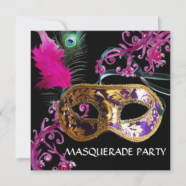 GOLD PURPLE FEATHER DAMASK  MASK Masquerade Party Invitation (Front)