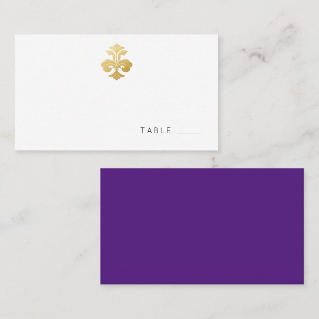 Gold Purple Fleur de Lis Damask Reception  Place Card (Front/Back)
