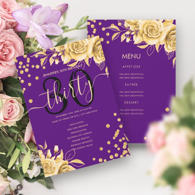 Gold Purple Floral 30th Birthday Menu Program Invitation (Gold Purple Floral 30th Birthday Menu Program)