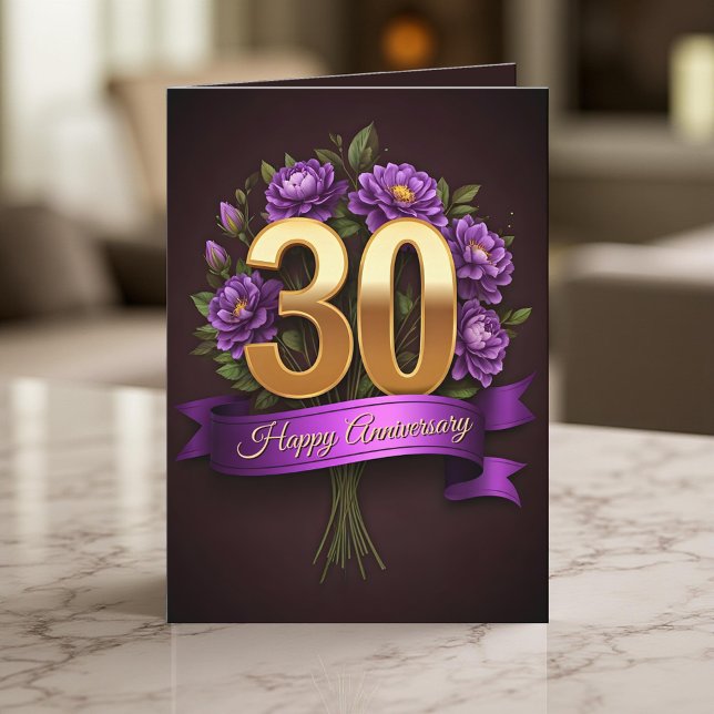Gold Purple Floral 30th Wedding Anniversary  Card (Creator Uploaded)