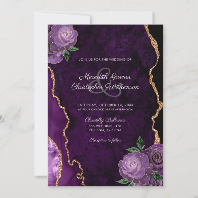 Gold Purple Floral Agate Wedding Invitation (Front)