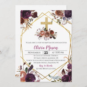 Gold Purple Floral Baptism Invitation