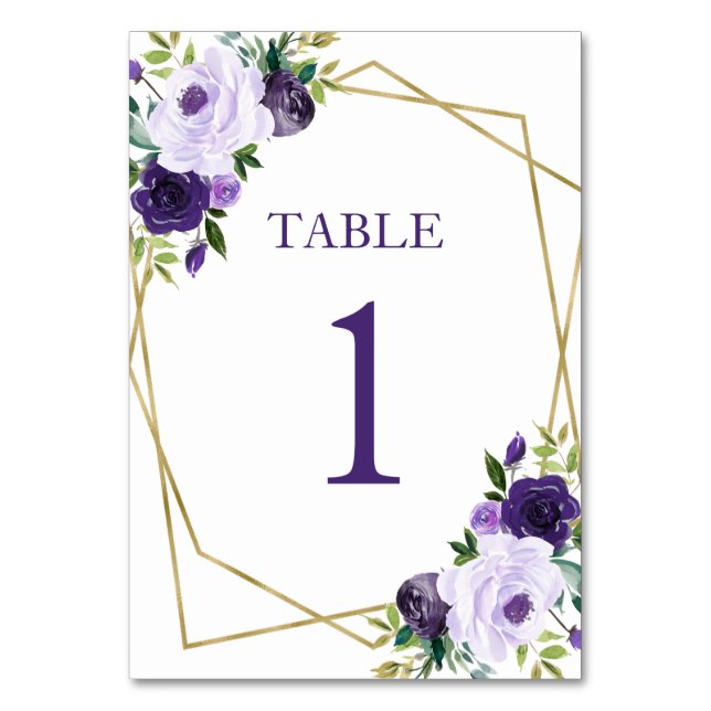 Gold Purple Floral Bridal Shower Table Number (Front)