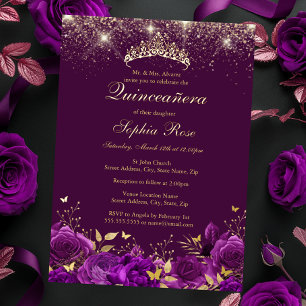 Gold Purple Floral Butterfly Tiara Quinceanera
