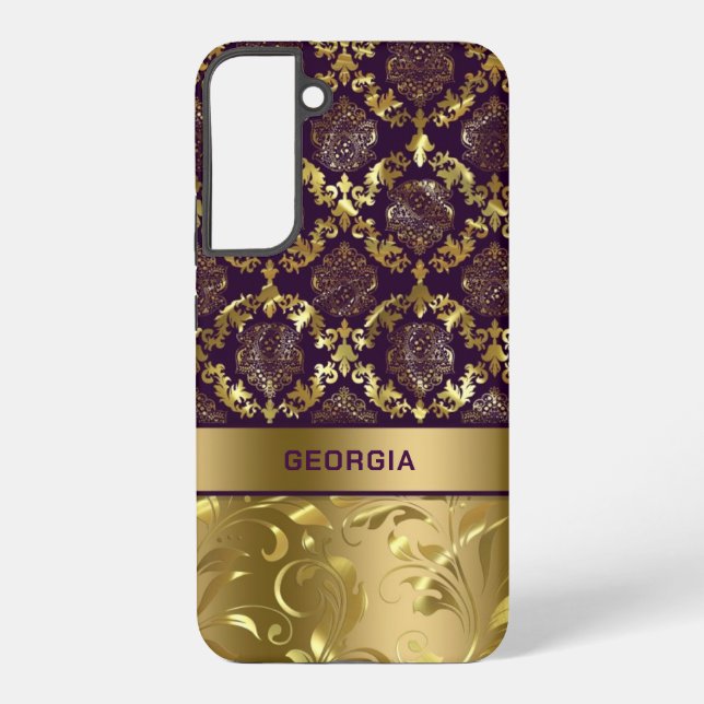Gold & Purple Floral Damask Monogram LifeProof iPh Samsung Galaxy S22+ Case (Back)