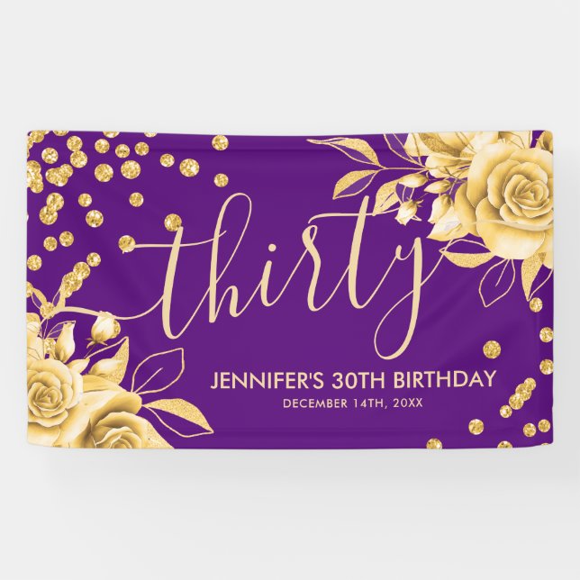 Gold Purple Floral Glitter 30th Birthday Script Banner (Horizontal)
