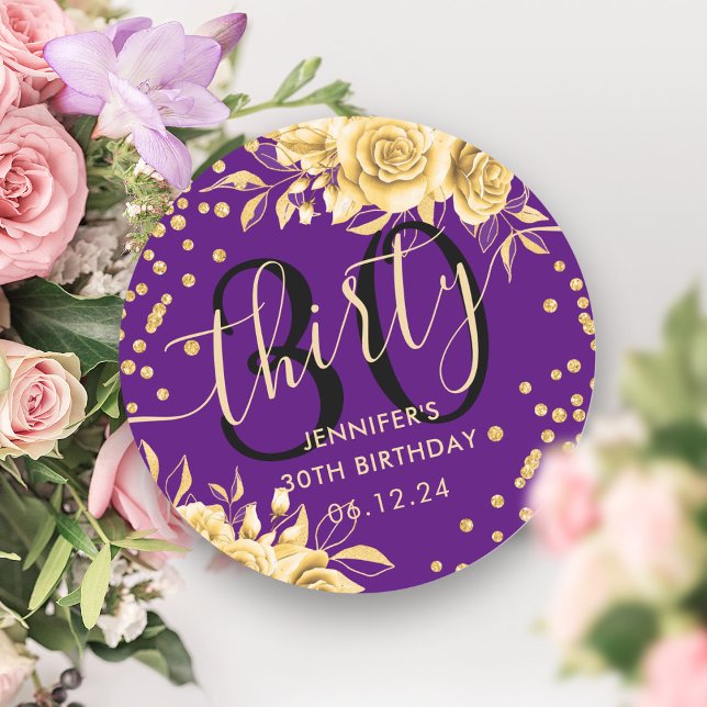 Gold Purple Floral Glitter 30th Birthday Script Classic Round Sticker (Gold Purple Floral Glitter 30th Birthday Script Classic Round Sticker)