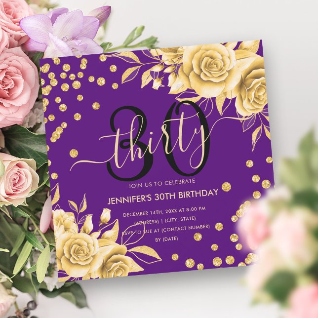 Gold Purple Floral Glitter 30th Birthday Script Invitation (Gold Purple Floral Glitter 30th Birthday Script Invitation)