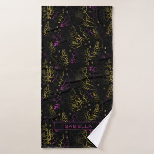Gold purple floral pattern personalised name bath towel