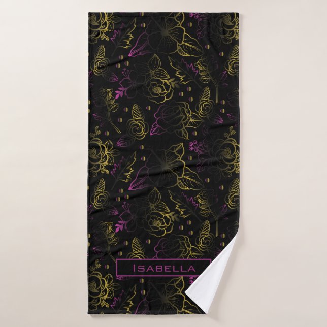 Gold purple floral pattern personalised name  bath towel (Bath Towel)